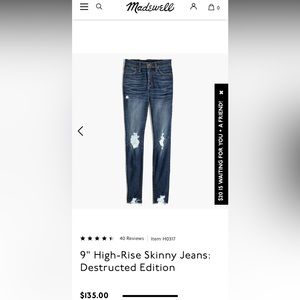 Madewell 9” Sz 29 High Rise Skinny Jeans